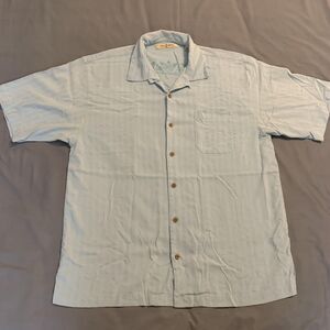 Tommy Bahama Shirt Mens Large Blue Silk Short Sleeve Button Up Camp Casual